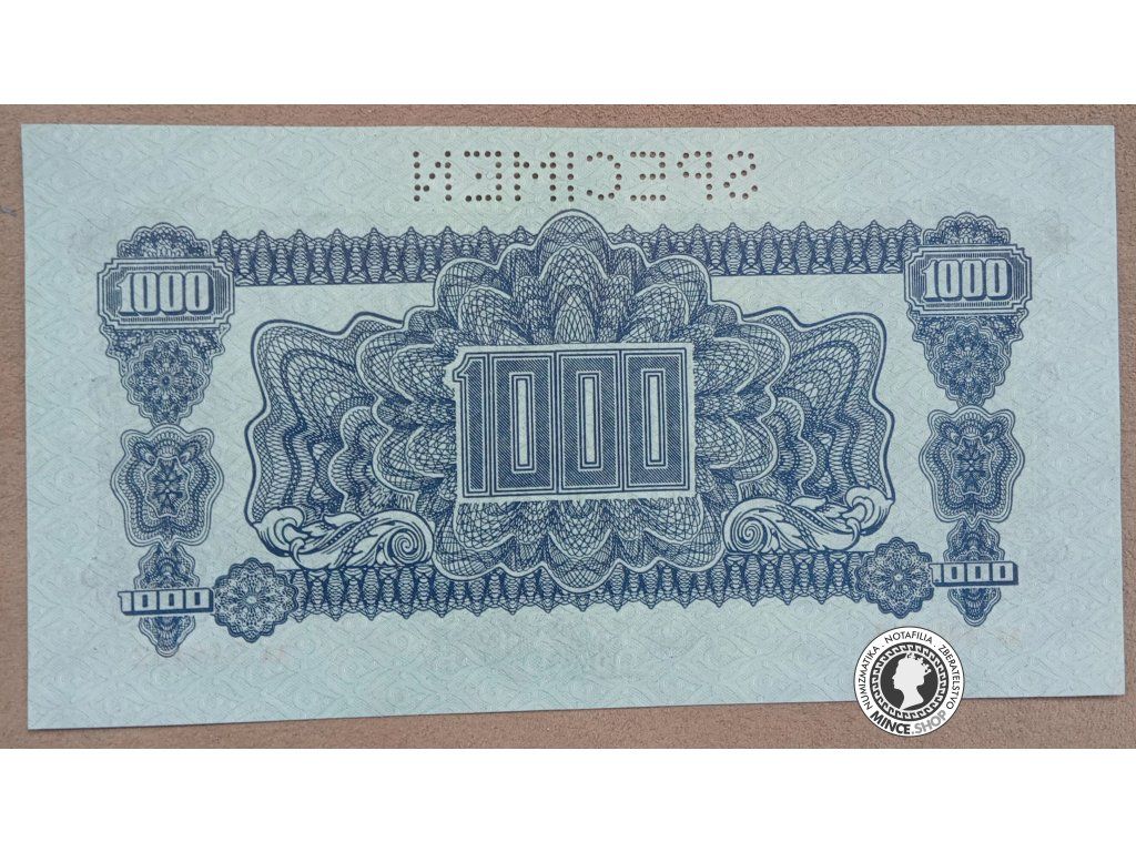 1000 Korunová poukážka kolkovaná - 1944 - Česko-Slovensko - SPECIMEN